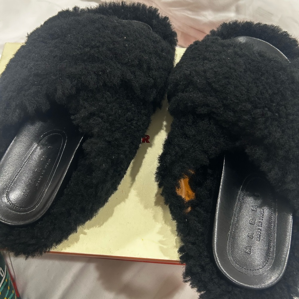 Marni Black Furry Slippers